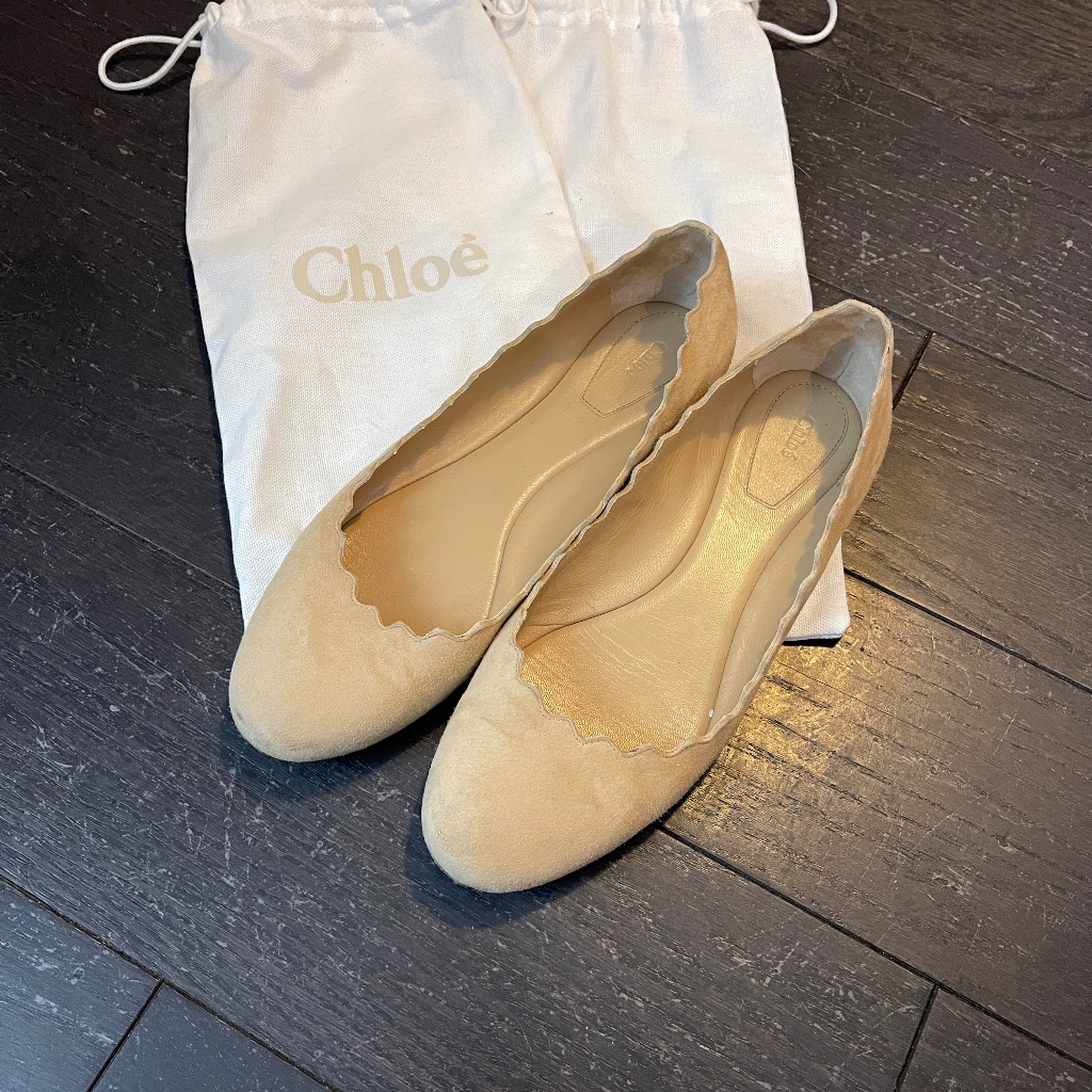 Chloe Lauren Taupe Beige Ballerina Ballet Flats Size 38 Suede Womens Scalloped